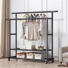 하이어데코 이동식 옷걸이 2단봉 2단선반 행거, 블랙