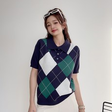 더시럽 여성용 클래식 아가일 패턴 반팔 니트탑