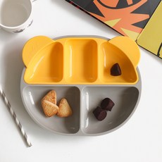 ade.l 孩童矽膠餐盤組, 銀灰色+亮黃色, 3格餐盤(大)+3格餐盤(小)