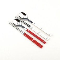 Bogen 韓國製造 Marson 銀色餐具 湯匙筷子組, 2套, 湯匙 2p + 筷子 2p, 白色, 紅寶石色