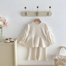 Uvely 兒童 Ribbon Pong 羅紋泡泡袖荷葉邊日常蝴蝶結細節上下裝套裝