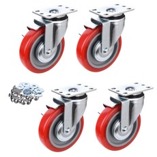 T-REX CASTER 125mm 旋轉煞車 PU腳輪 P505S-2B 紅色 4入 + 墊圈 + 十字螺絲, 1套