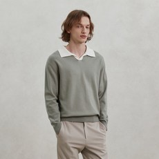 Mind Bridge 男款拼色翻領長袖針織衫 MXKT7104