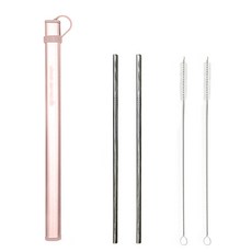 不鏽鋼直吸管 黑色 2入+清洗刷 2入+金屬保護殼 玫瑰金, 1套