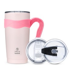 carry bottle Standard不鏽鋼保溫杯+吸管杯蓋+專用防滑手把組, 粉色(保溫杯)+透明(杯蓋)+粉色(手柄), 600ml