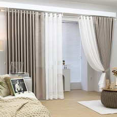 GINNA SONG Divella 遮光窗簾 + 絲絨高週波搭配窗簾 + 白色搭配窗簾 + 窗簾桿套組, 米色