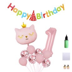 MINITTINE 貓咪皇冠派對數字1氣球 粉彩粉色 101cm + Happy Birthday彩虹掛旗 + 貓咪粉彩粉色氣球 + 2種乳膠氣球 x 4p + 海綿點膠 + 金色緞帶 + 玫瑰金緞帶 2p + 幫浦隨機出貨套組, 混色, 1套