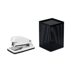 deLi 得力 金屬重心釘書機 適用33號針 E0414 + 鐵製網狀方形多功能收納架 E908, 灰色(釘書機), 黑色(收納架), 1套