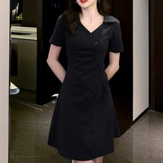 구디프 브이넥 카라 셔링 A라인 반팔 원피스
