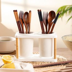 Myomyami 簡潔雙格瀝水陶瓷餐具筒 FM102, 白色, 1個