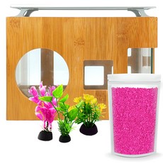 Aquatera 木質魚缸 AMZW30+魚缸裝飾仿真植物 3入+造景石 1kg+LED燈組, 粉色（地材），隨機發貨（水草）