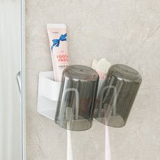 Living Gonggam 免鑽孔牙刷架 刮鬍刀牙膏架 + 漱口杯組 2杯款, 1個, 白色