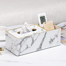 客廳紙巾遙控器收納盒 02 長款雙格爵士大理石紋, 白色, 1個