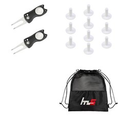 NAYASTYLE 高爾夫果嶺叉修補器 2入 + TPE 高爾夫標準球釘 10入 + 收納袋套組 GFYP-41-5+168-4PU, 黑色(修補器), 隨機出貨(高爾夫球釘)