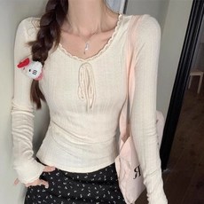 I'M MONG 女性伊裡安蕾絲蝴蝶結修身長袖T恤