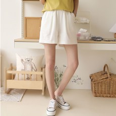 빼빼 여성용 통기성 린넨 터크 밴딩반바지