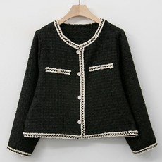 티탁 여성용 데일리 노칼라 라운드넥 단추 배색 라인 파스텔 크롭 트위드 재킷 TTCA55