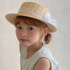 chenny bongbong 女童彩虹紗草編平頂帽