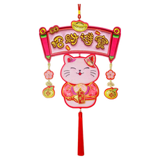 摩達客 春節開運招財 精緻刺繡招財進寶粉色貓喜氣盈門流蘇吊飾掛飾, 1入