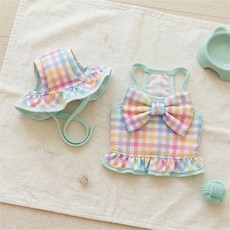 Wavy Days 寵物彩虹格紋大蝴蝶結泳衣 + 帽子套組 W265-0134