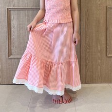 女童透氣細格紋抓皺雙層長裙 7809