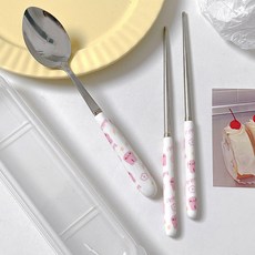 可愛插圖湯匙+筷子+收納盒組, 勺子+筷子+箱子, 1組, 兔子