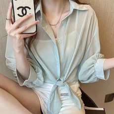 Goodif 女性短版透視扭結七分袖襯衫上衣