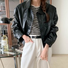 린다샵 여성용 크리틱 카라 라인 포켓 크롭 레더 자켓 cpjk4240c28