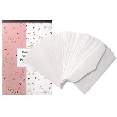 花朵圖案便條信紙 + 白色調零用錢信封 30入套組, 隨機出貨, 1套