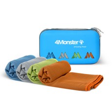 4monster 超細纖維涼感毛巾4件 + EVA收納盒套組, 1套, 藍色, 灰色, 綠色, 橘色