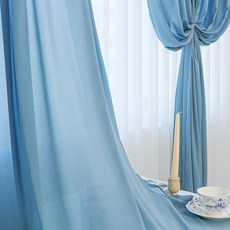 Maison Textile 厚實垂墜感雪紡窗簾 + 低噪音高級軌道組 大型, 淺藍色(窗簾)
