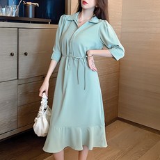 LUNAGIRL 襯衫領素色綁帶連身裙, 綠色