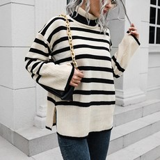 레몬소울 여성용 웨이드 단가라 배색 폴라 니트티