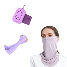 掛耳式涼感護頸面罩+涼感袖套+涼感運動巾, 淺紫色