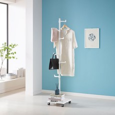 EASY ON 移動式原木迷你風格木製立架 基本款6鉤鐵製衣架掛衣架 WEC-L, 白色