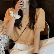 PEONIST 女款粉彩甜美泡泡袖荷葉邊短袖襯衫