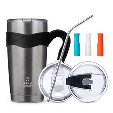carry bottle Standard保溫杯+專用手把+翻轉吸管杯蓋+不鏽鋼吸管+吸管套3入組, 石墨灰色(保溫杯),黑色(手柄), 600ml, 1組