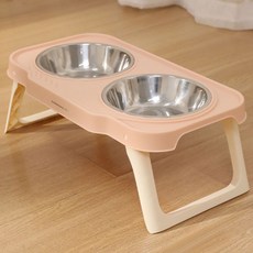 DING DONG PET 寵物高腳可摺疊不鏽鋼雙碗餐具, 粉紅色, 1個