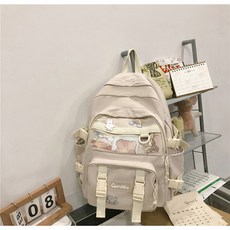 SORIDAL 女用玫瑰大容量收納日常後揹包 + 鑰匙圈 + 別針徽章組, 白色