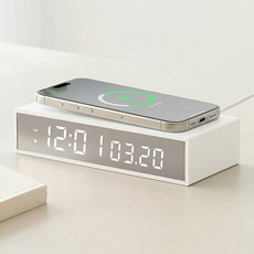 무아스 슬림 엣지 미러 무선충전 알람 디지털 탁상시계 15W, 화이트