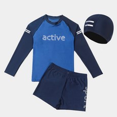 兒童用藍色活力防磨衣上下裝+泳帽組