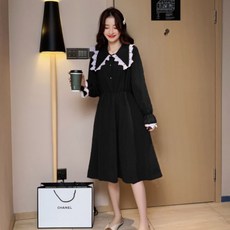 孕婦拼接領長袖連身裙