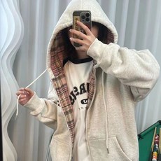PEONIST 格子格紋口袋Oversize運動風連帽拉鍊外套