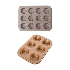 12格不沾迷你圓形烤盤模具+6格不沾圓形烤盤模具 金色, 1套