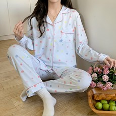 안나앤코 여성용 컬러도트 실크 긴팔 잠옷 상하의 세트