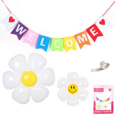 PARTYSHOW 歡迎派對毛氈掛旗 + 雛菊花朵鋁箔氣球 小 + 中 + 點膠套組, 1套, 混合