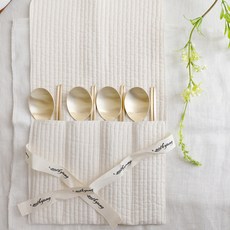 Nothyang 韓式鍛造黃銅 現代風 4人餐具組, 1套, 湯匙 4p + 筷子 4p + 4人用綁帶鋪棉餐具袋, 金色