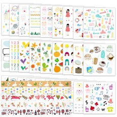 裝飾紙紙膠帶 5款隨機出貨 + 手帳裝飾貼紙 28款組合, 1套, 混合色
