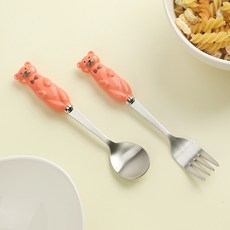 BOGEN 韓國製 兒童用 Cocomie 小熊湯匙叉子組, 珊瑚色, 湯匙 + 叉子