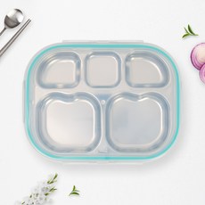 RAONNURI 高品質全不鏽鋼5格便攜密封餐盤 A款 + 蓋子組合, 綠色